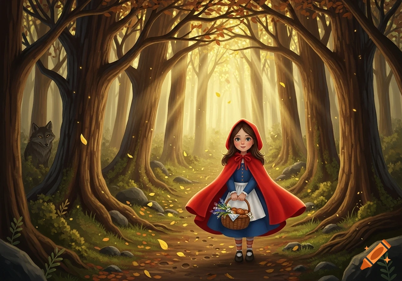 A young girl in a red hooded cape stands on a sunlit forest path with a basket, while a wolf watches from behind a tree. Illustrated style.