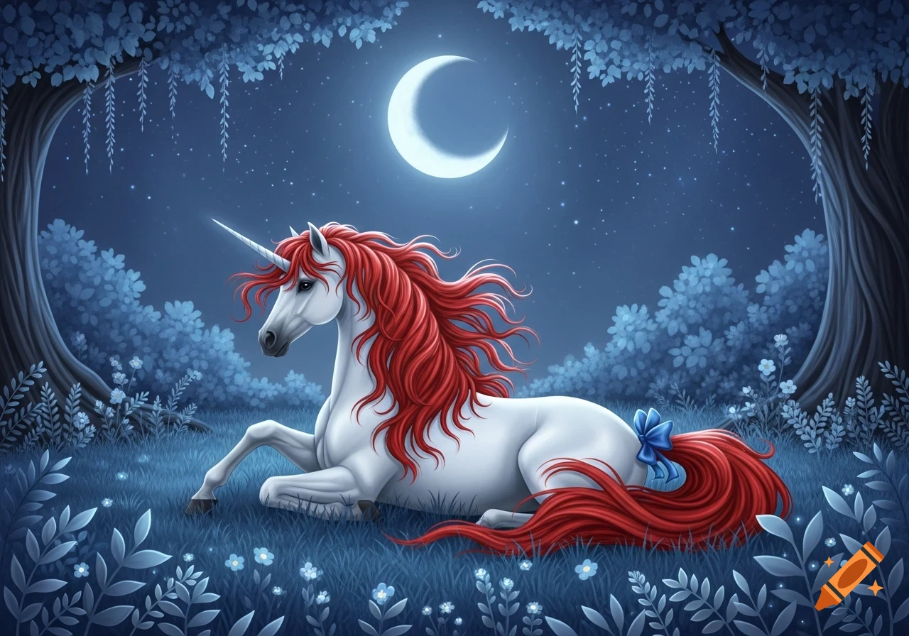 A white unicorn with a flowing red mane and tail with a blue bow, lies in a glowing blue moonlit forest under a crescent moon.