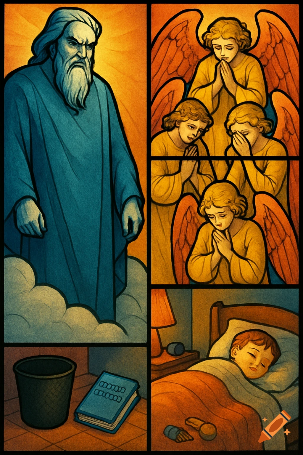 Stained glass art of an angry God in blue, praying angels in orange, and a child sleeping in a bed.
