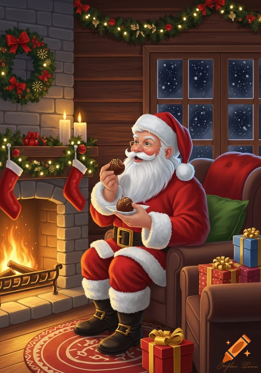 Santa Claus sits by a festive fireplace, enjoying chocolates in a cozy living room with Christmas decorations and snow falling outside.