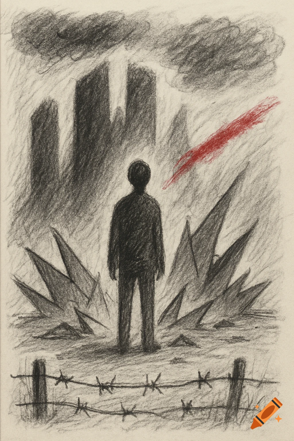 Charcoal sketch of a lone figure facing blocky structures under a cloudy sky with a red streak, a barbed wire fence in the foreground.