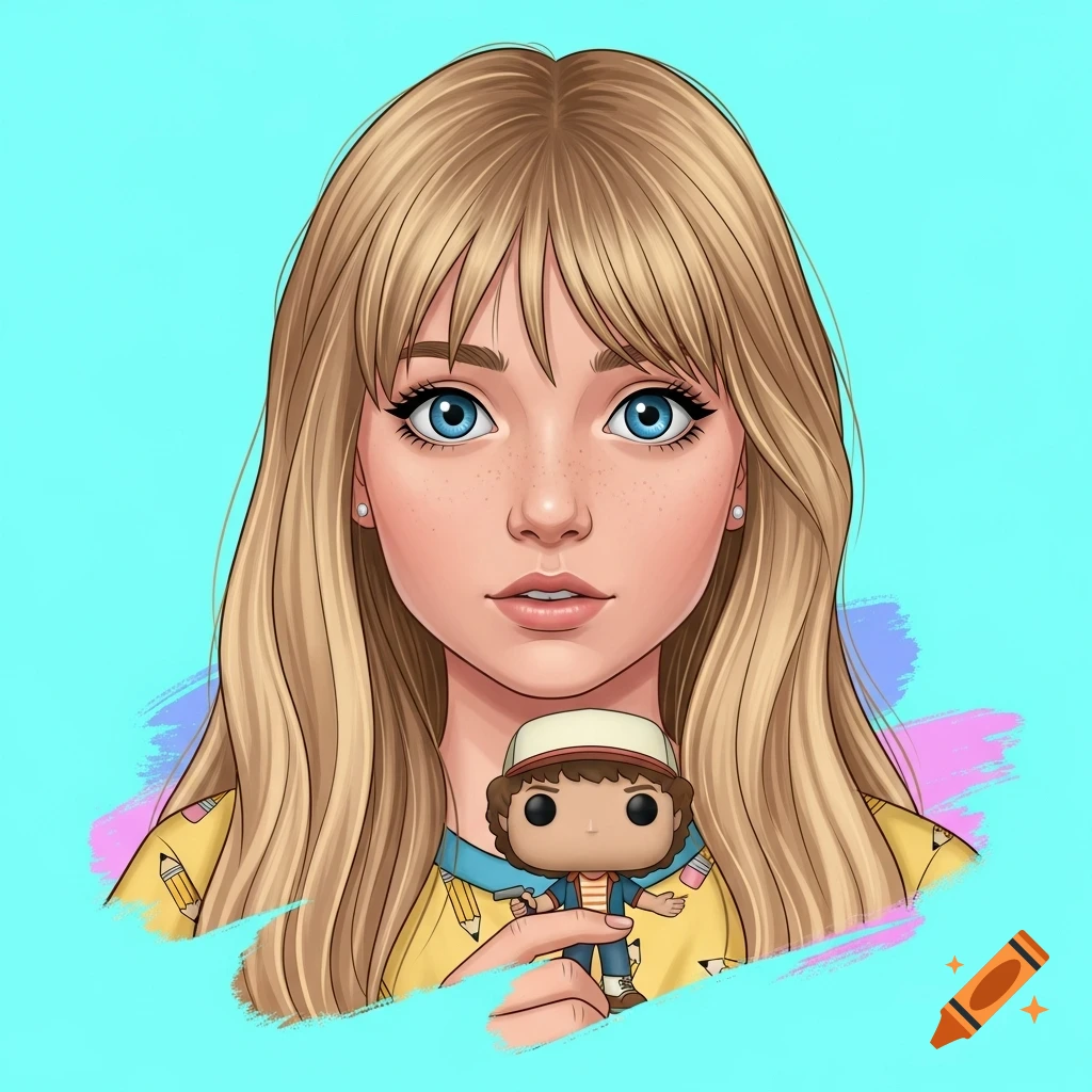A stylized illustration of a blonde girl with blue eyes and freckles, wearing a pencil-patterned shirt, holding a Dustin from Stranger Things Funko Pop figure.