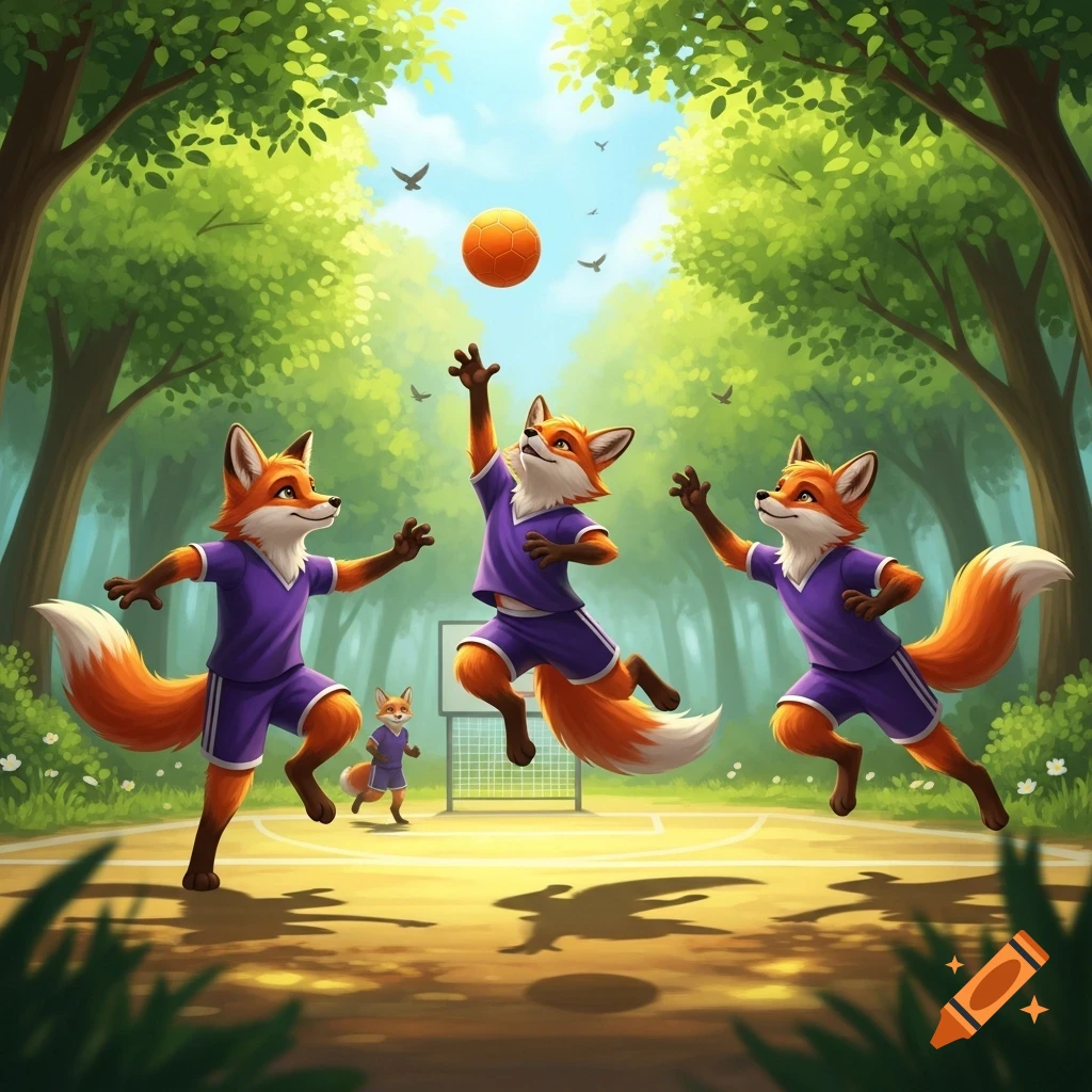 Cartoon foxes in purple jerseys play with an orange ball on an outdoor court surrounded by trees.