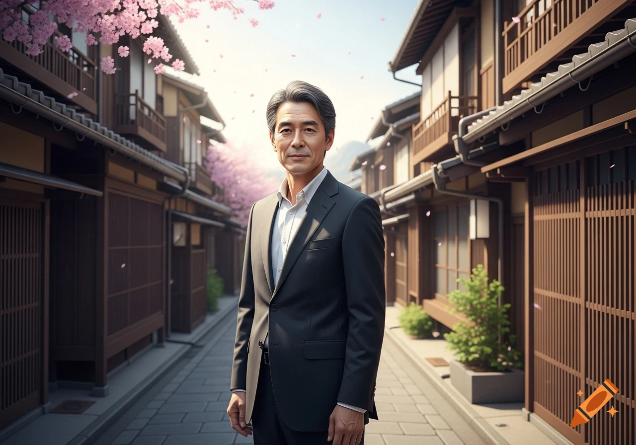 An East Asian man in a suit stands on a traditional Japanese street with wooden buildings and pink cherry blossoms overhead, photorealistic.