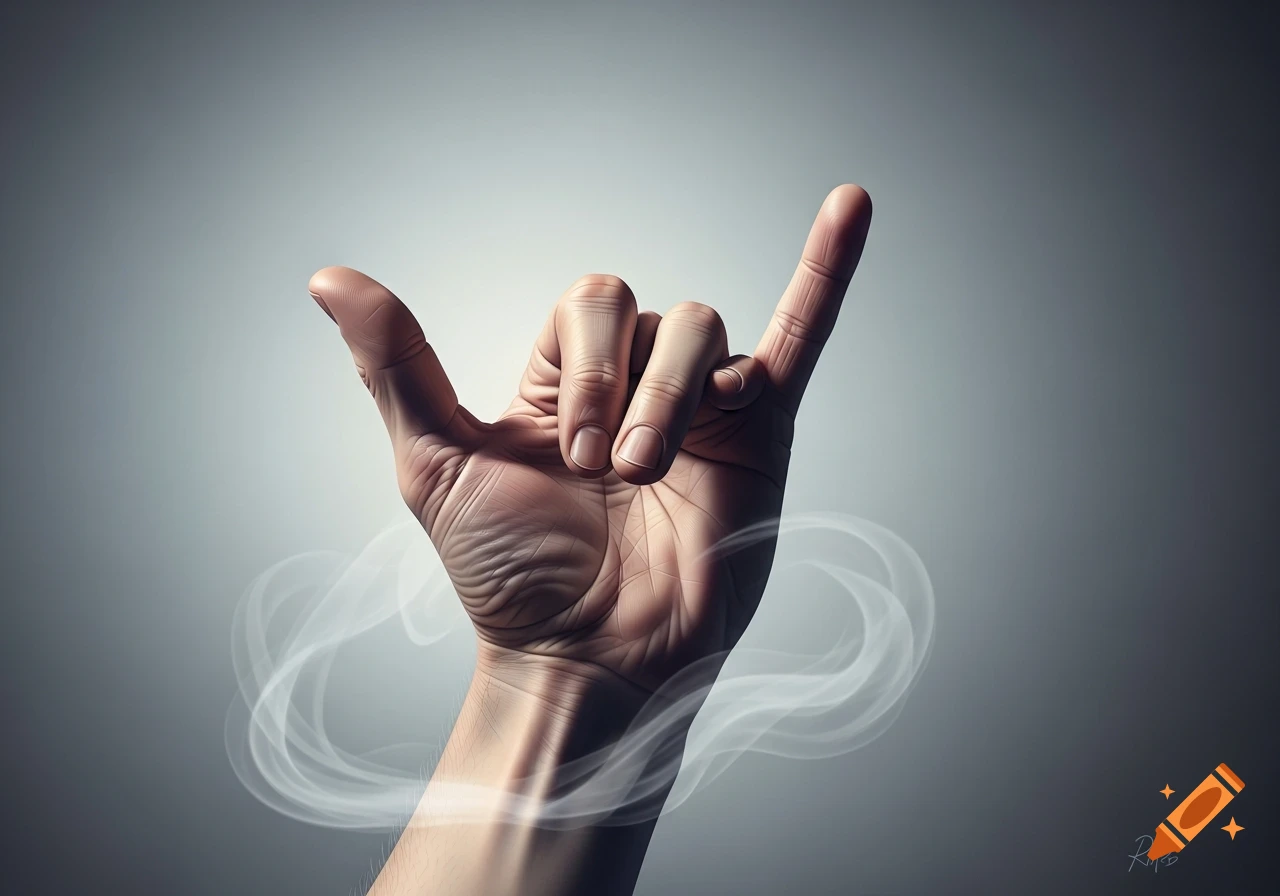 A photorealistic hand performing the shaka sign, with thumb and pinky extended, against a grey gradient background with subtle smoke.