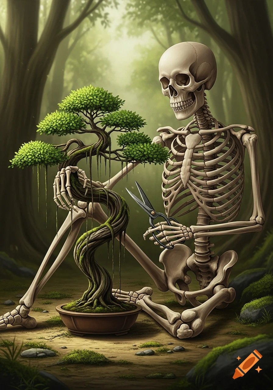 A stylized human skeleton sits cross-legged in a mystical forest, carefully pruning a small bonsai tree with shears.