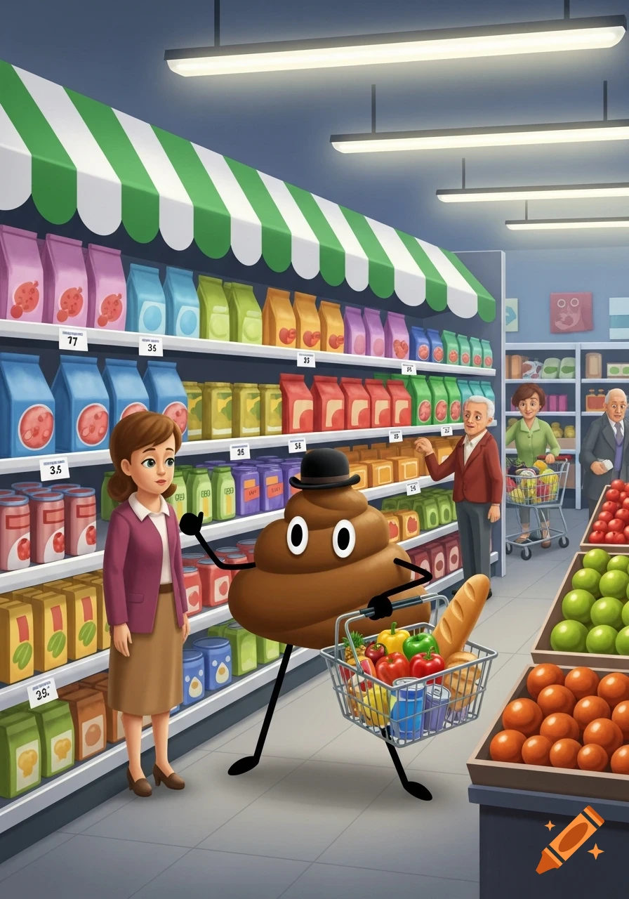 A cartoon poop emoji character with a hat, arms, and legs pushes a shopping cart full of groceries through a supermarket aisle, with a woman standing nearby.