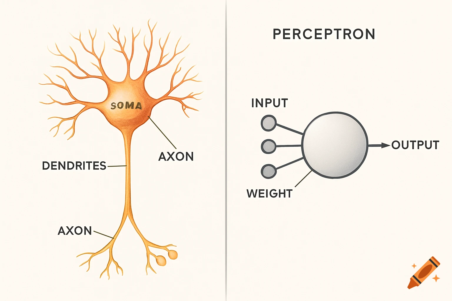 A two-part diagram comparing a biological neuron with labeled soma, dendrites, and axon to an artificial neuron (perceptron) with labeled input, weight, and output.