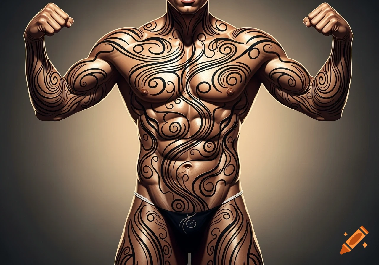 A highly muscular man with intricate black swirl tattoos across his entire body and arms, wearing a black thong, flexing his biceps against a gradient background.