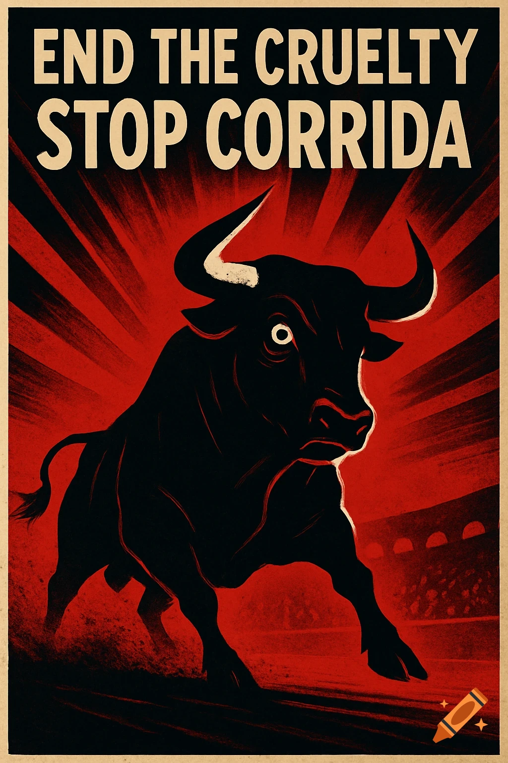 Stylized anti-bullfighting poster with a black bull charging against a red sunburst background and text 'END THE CRUELTY STOP CORRIDA'.