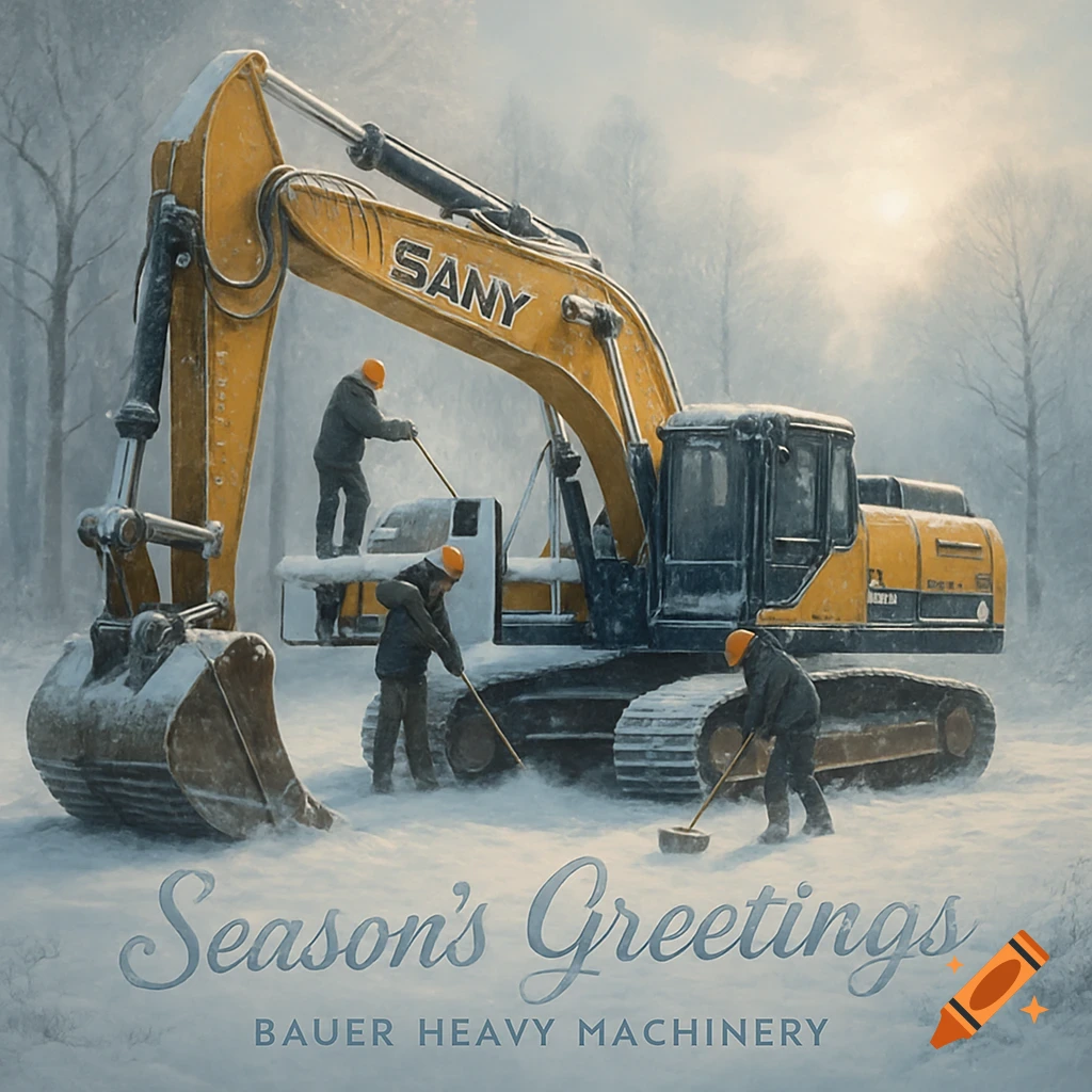 A large yellow SANY excavator in a snowy forest with three workers clearing snow. Text reads 'Season's Greetings BAUER HEAVY MACHINERY'.