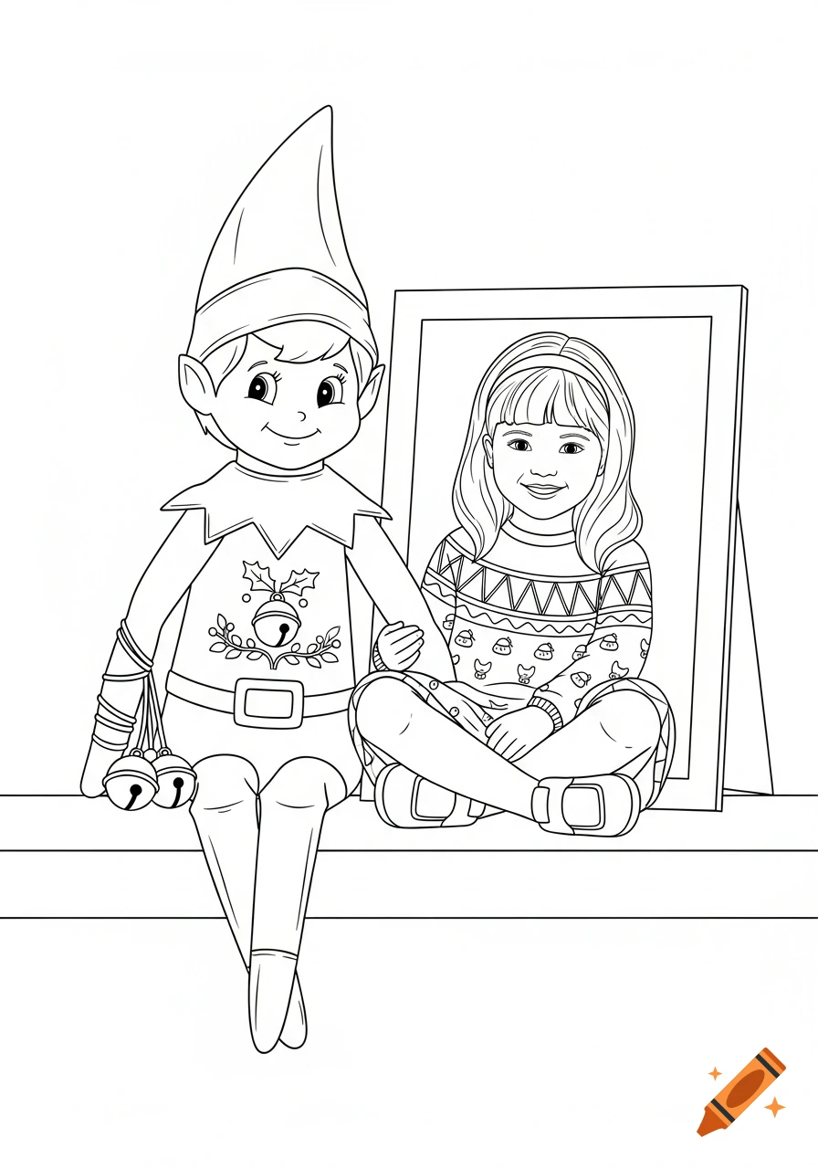 Line art coloring page: an Elf on the Shelf with bells sits next to a girl in a festive sweater, both on a shelf.