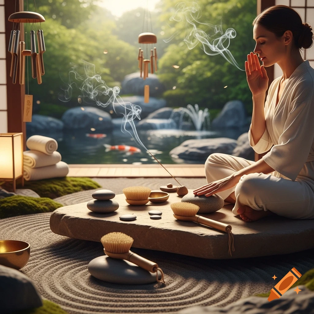 A woman in a white robe meditates in a photorealistic zen garden, with incense smoke, wind chimes, raked sand, and a koi pond.
