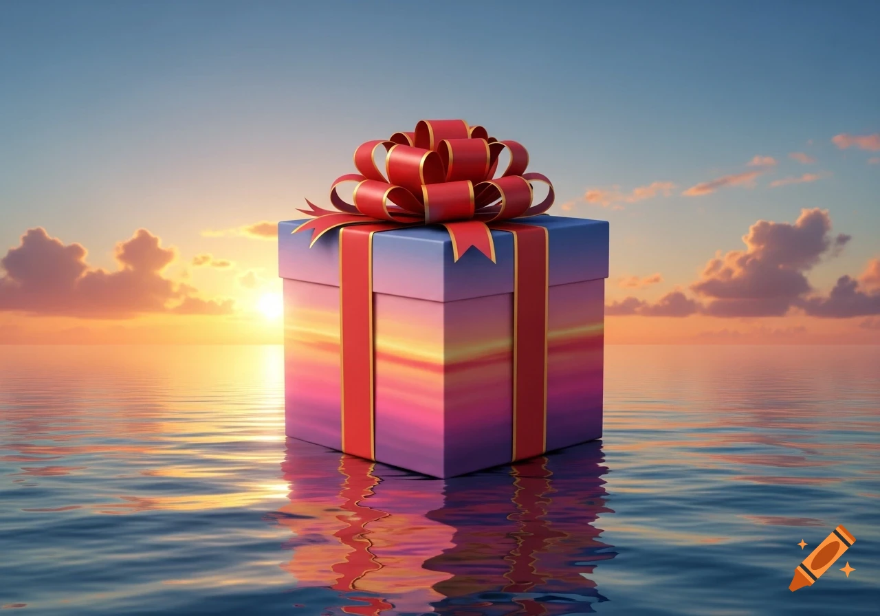 A purple and pink gift box with a red ribbon floats on calm water at sunset, reflecting the vibrant sky.