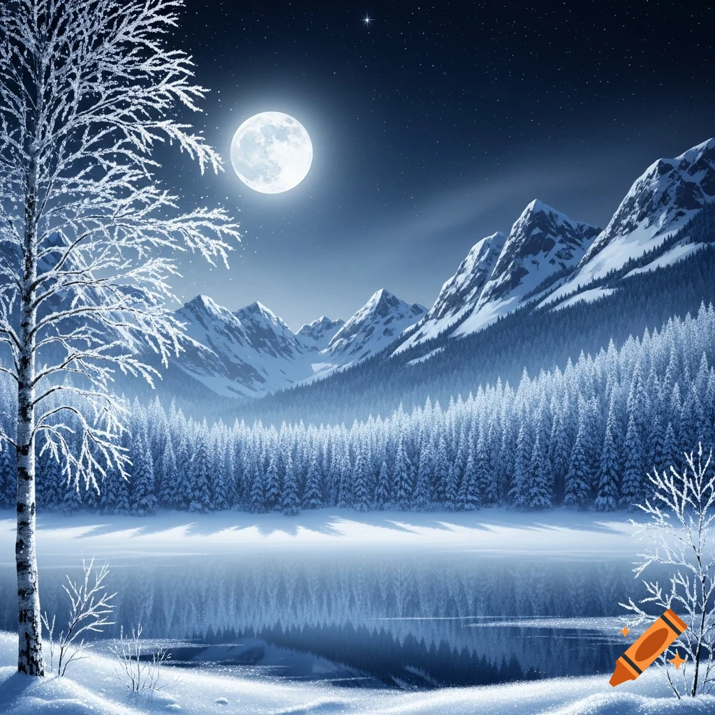Moonlit winter landscape with snow-covered mountains, pine forests, and a frosty lake under a starry sky.