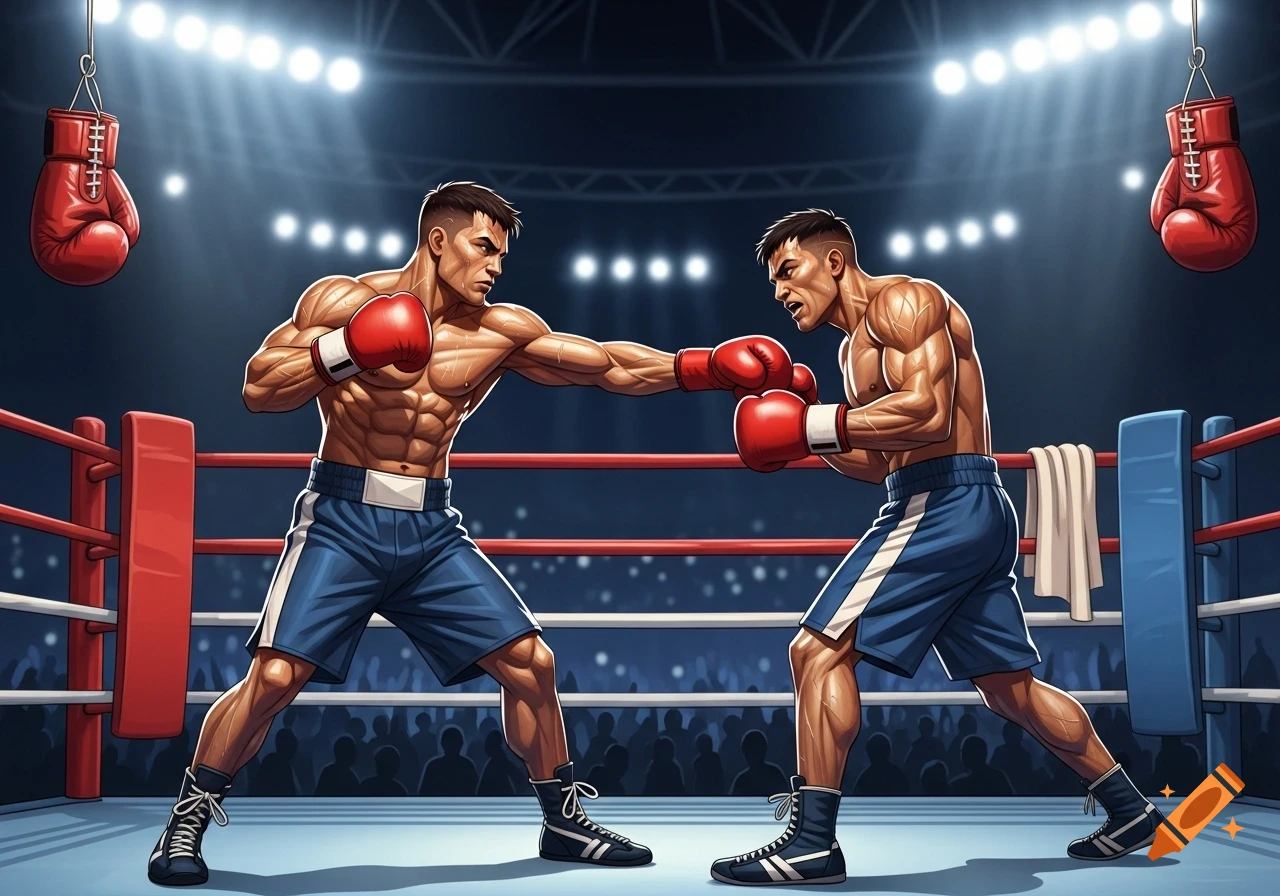 Stylized illustration of two muscular boxers in blue shorts and red gloves, fighting in a brightly lit boxing ring.