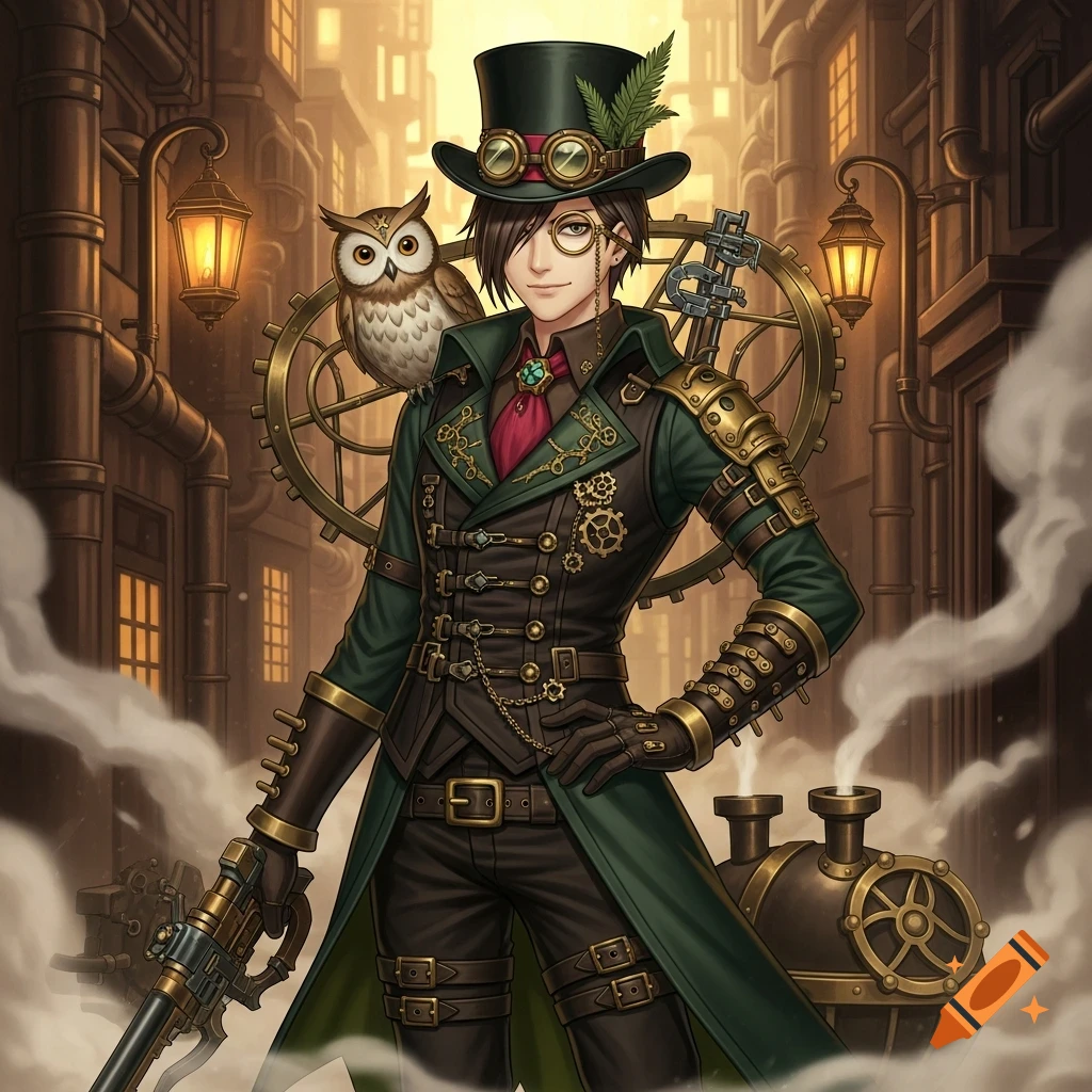 Anime-style character in a dark green steampunk outfit, wearing a top hat and goggles, with an owl on their shoulder and holding a rifle.