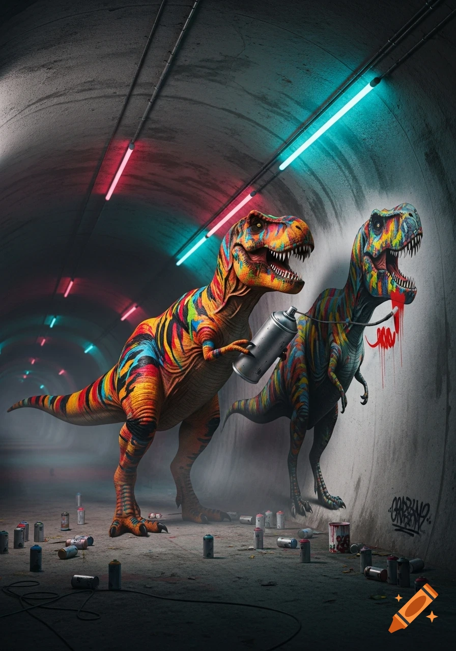 A photorealistic image of two colorful, graffiti-painted T-Rexes in a dark tunnel with neon lights. One T-Rex holds a spray can.