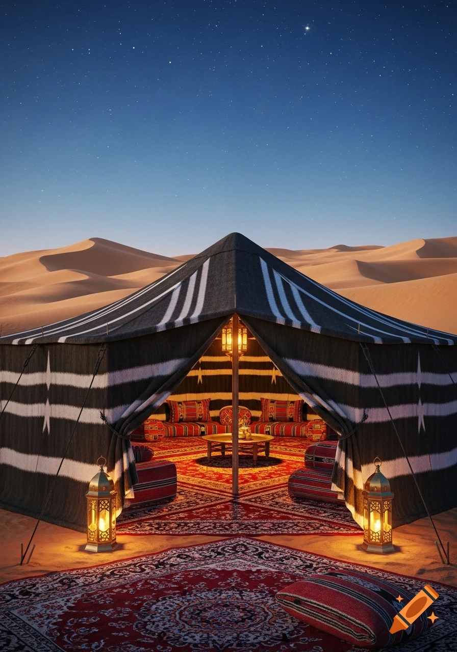 A traditional black and white striped tent with lit lanterns and red carpets, set against sand dunes under a starry desert sky at night.
