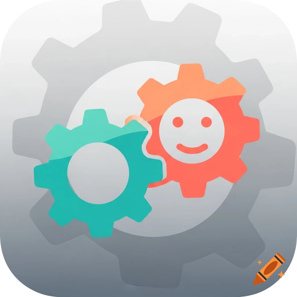 A stylized app icon featuring two interlocking gears, one teal and one orange with a smiling face, against a grey gear background.