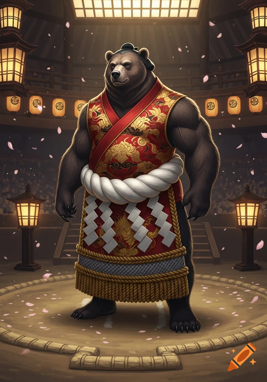 A muscular brown bear, styled as a sumo wrestler, stands in a dojo with lanterns and cherry blossom petals falling around him.