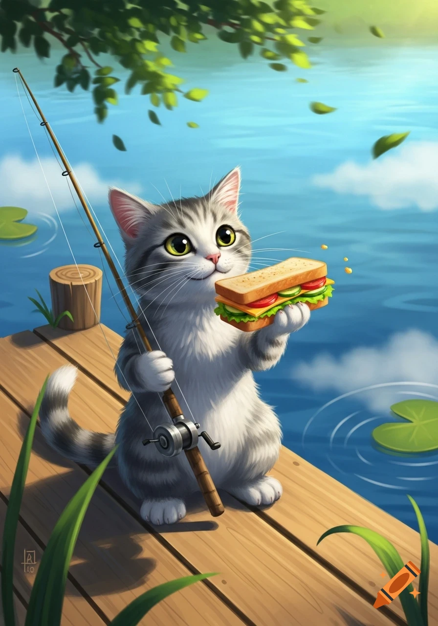 A cute cartoon cat sits on a wooden dock, holding a fishing rod and a sandwich, by a lake with lily pads.