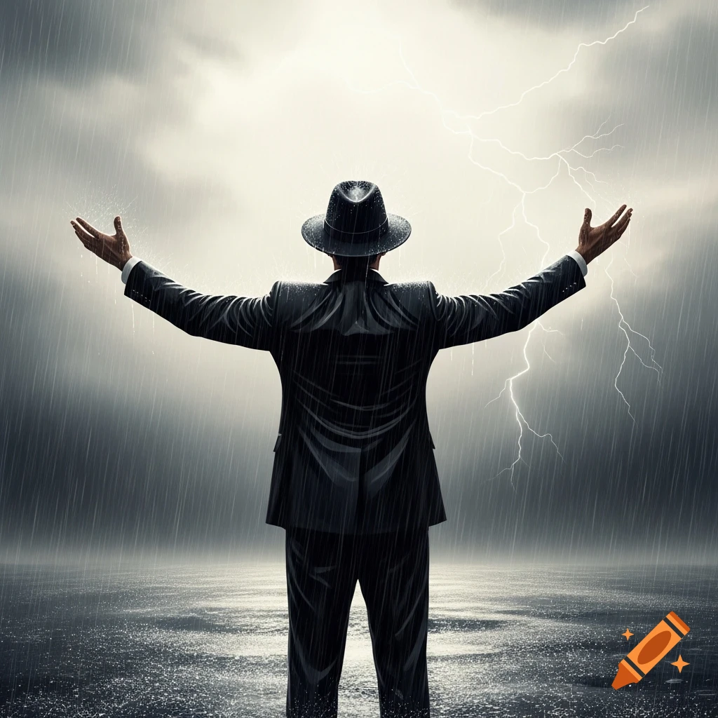 A man in a black suit and fedora stands with arms outstretched in heavy rain as lightning strikes in the stormy sky.