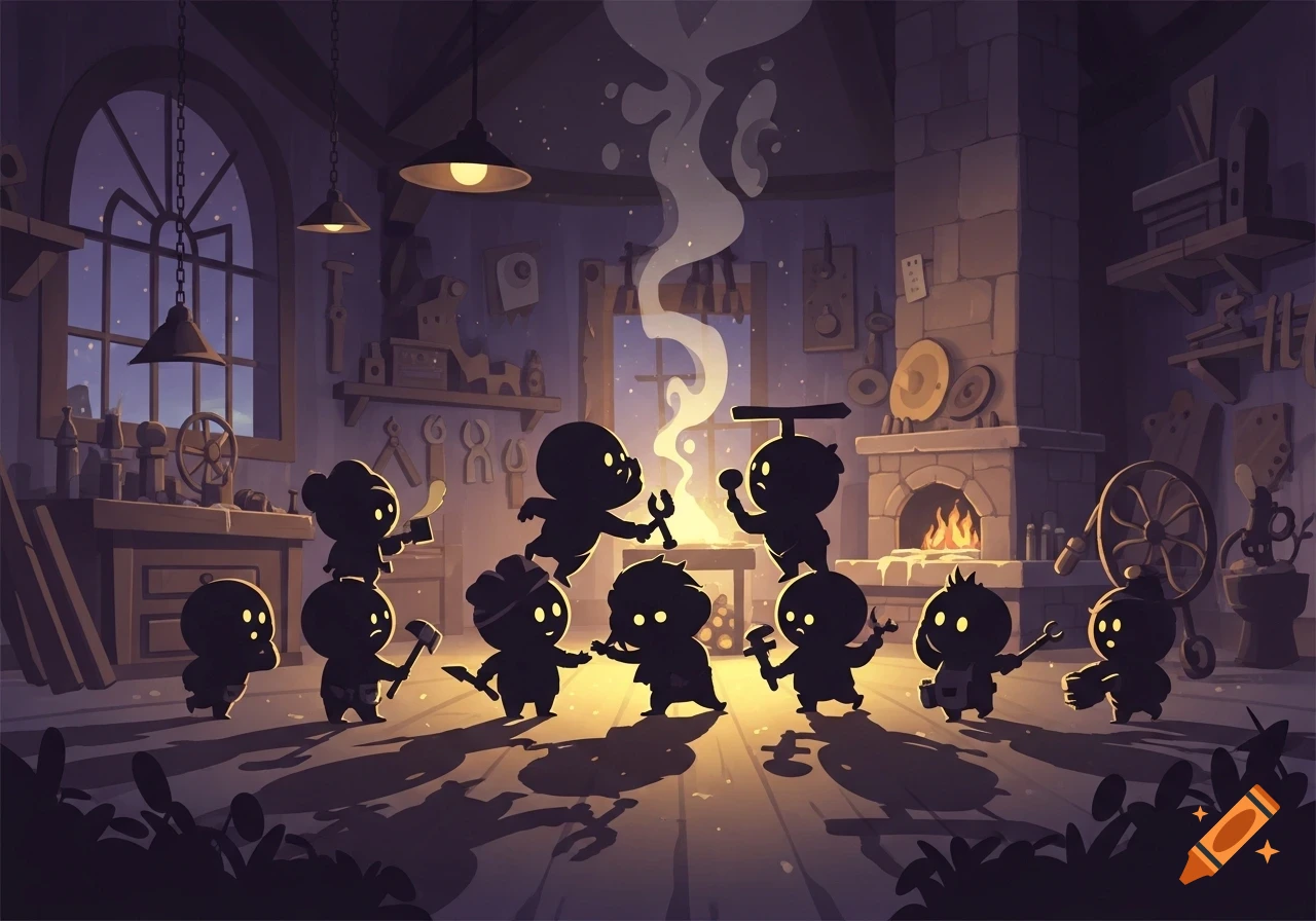 Small, chubby silhouette workmen characters gather in a magical, dimly lit fantasy workshop around a glowing forge.