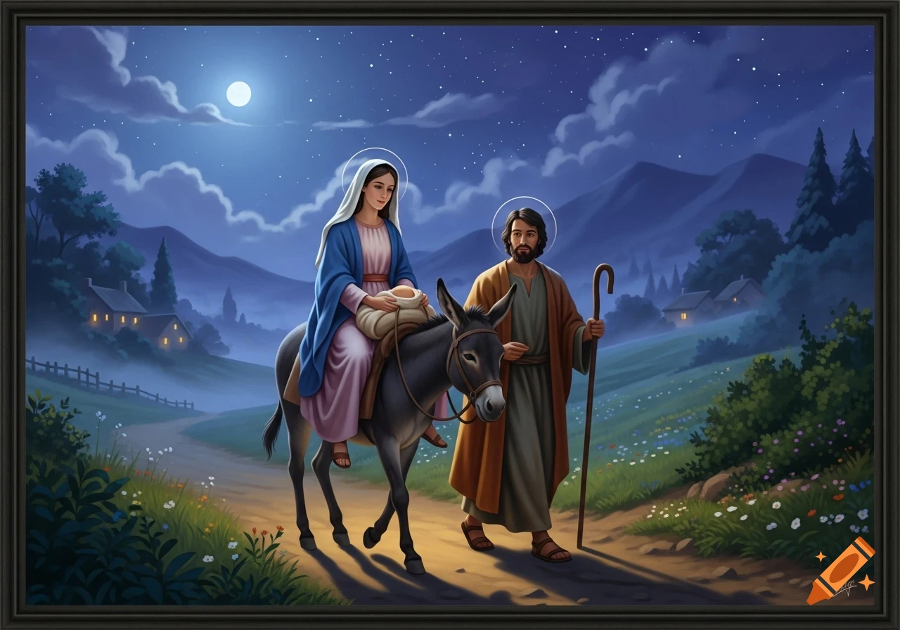 Digital painting of Mary riding a donkey with Joseph walking beside her on a path through a moonlit, starry landscape.