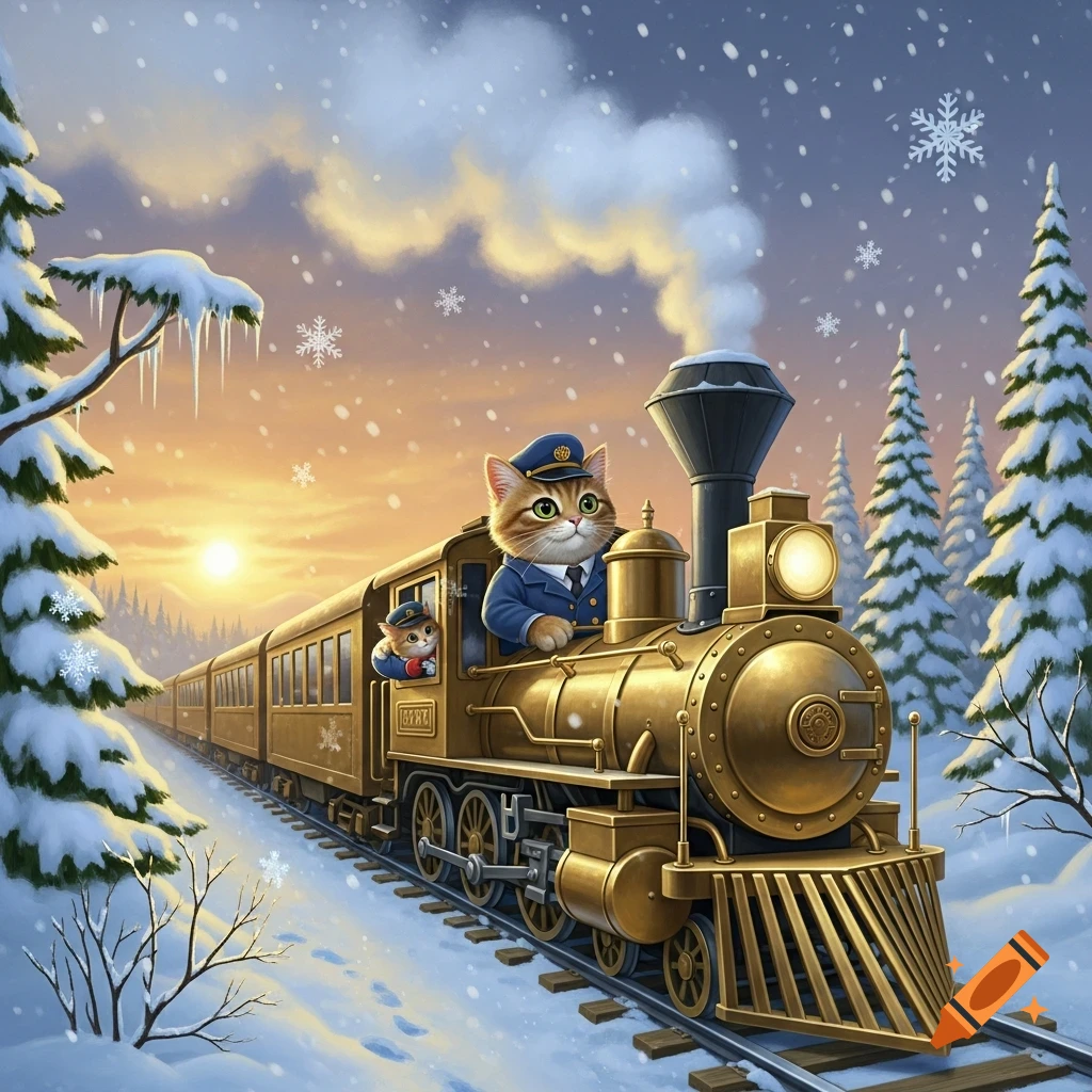 A cute tabby cat in a conductor's uniform drives a golden train through a snowy forest at sunset, with a small cat passenger.