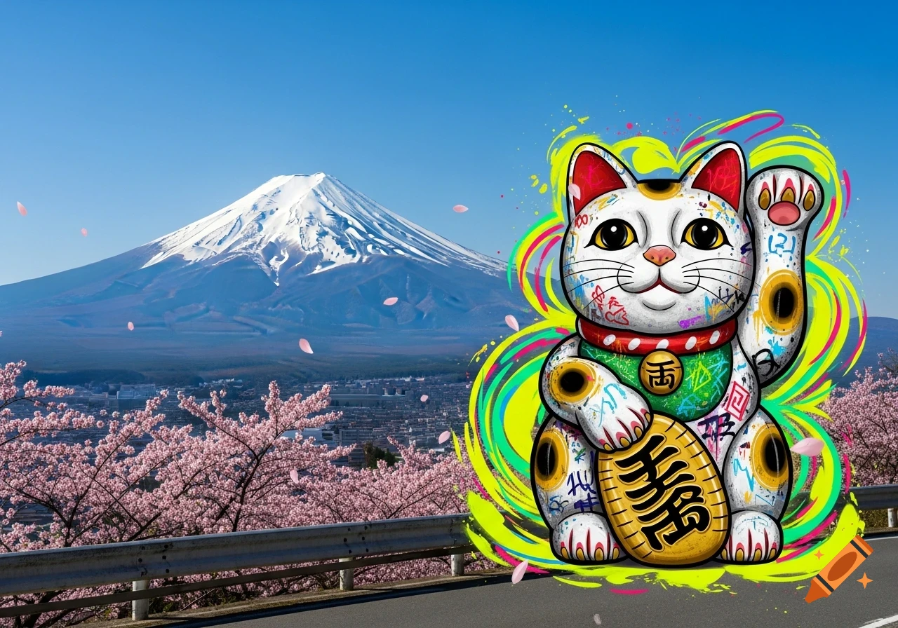 A graffiti-style Maneki-neko with neon colors stands in front of Mount Fuji and cherry blossoms under a clear blue sky.