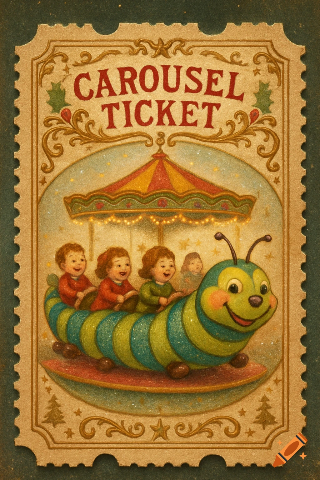 Vintage illustration of a carousel ticket with three smiling children riding a caterpillar ride, decorated with holly and Christmas trees.