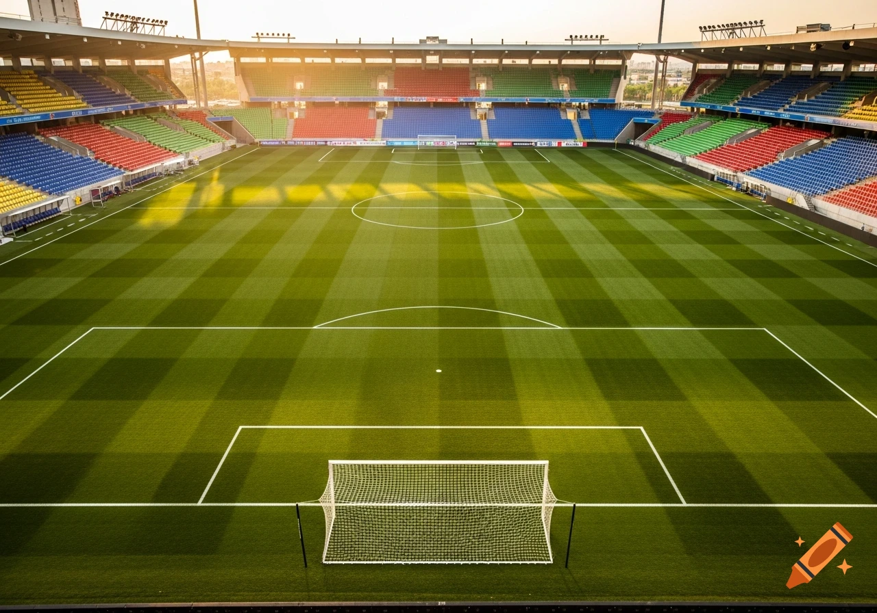 An aerial view of an empty, well-maintained soccer stadium with green grass and colorful seats under a sunny sky.