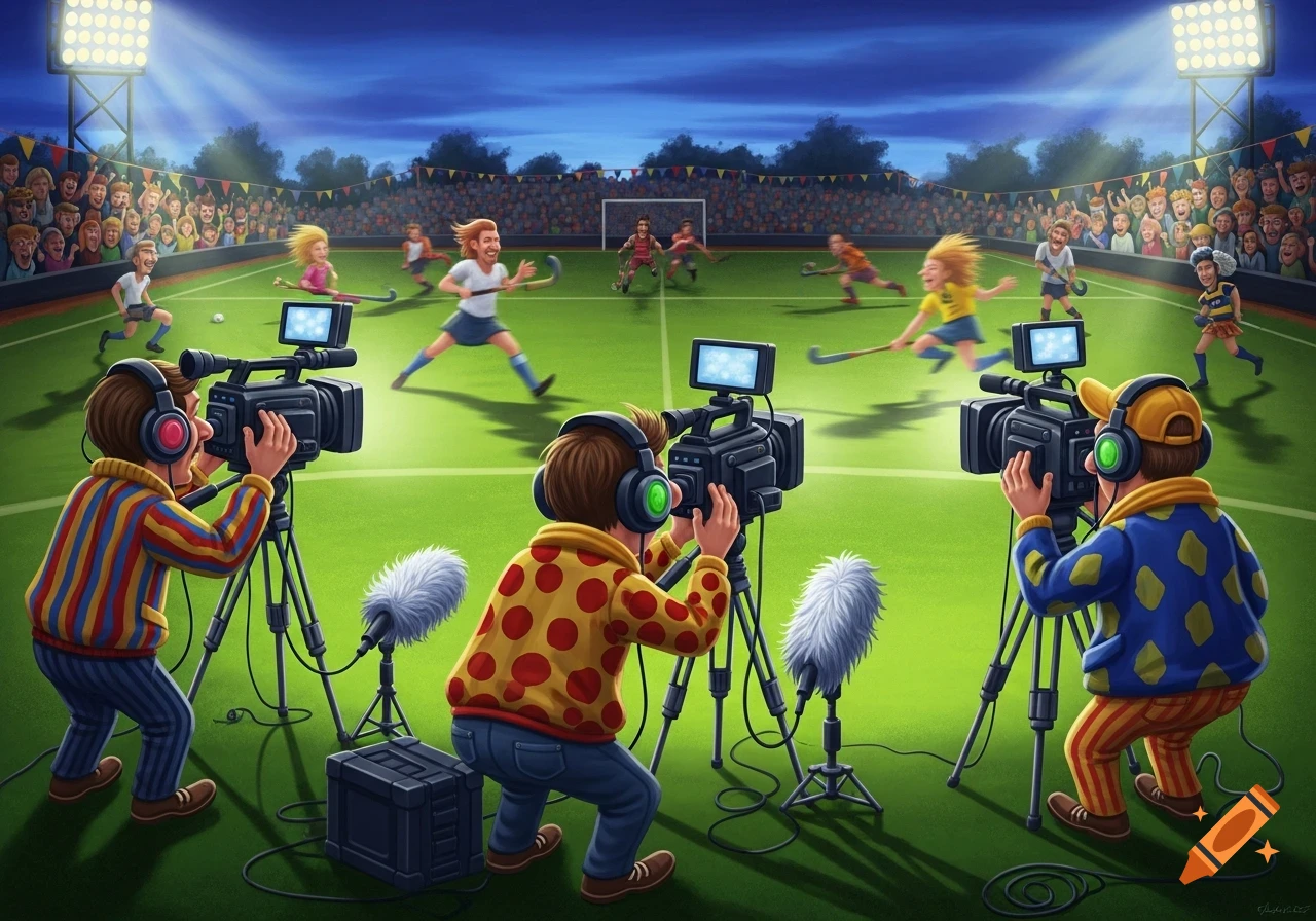 Cartoon illustration of a TV crew filming a field hockey game with exaggerated characters in a stadium.