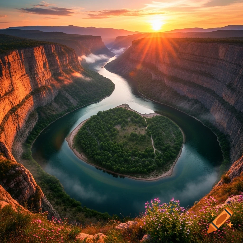 A photorealistic view of a winding river flowing through a deep canyon at sunset, with an island of trees in the river bend and flowers in the foreground.