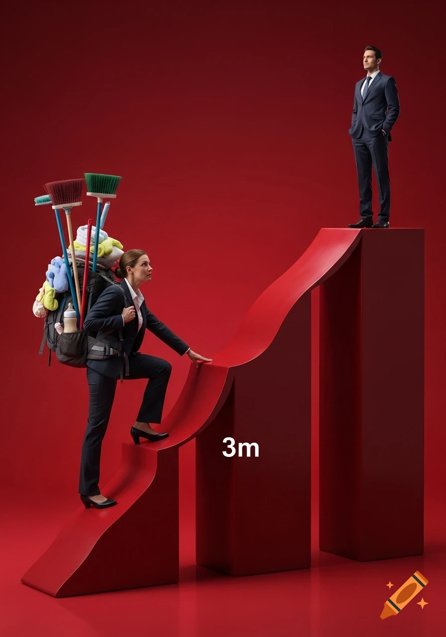 Photorealistic image of a businesswoman with a loaded backpack climbing a slippery red slope towards a man on a higher platform.