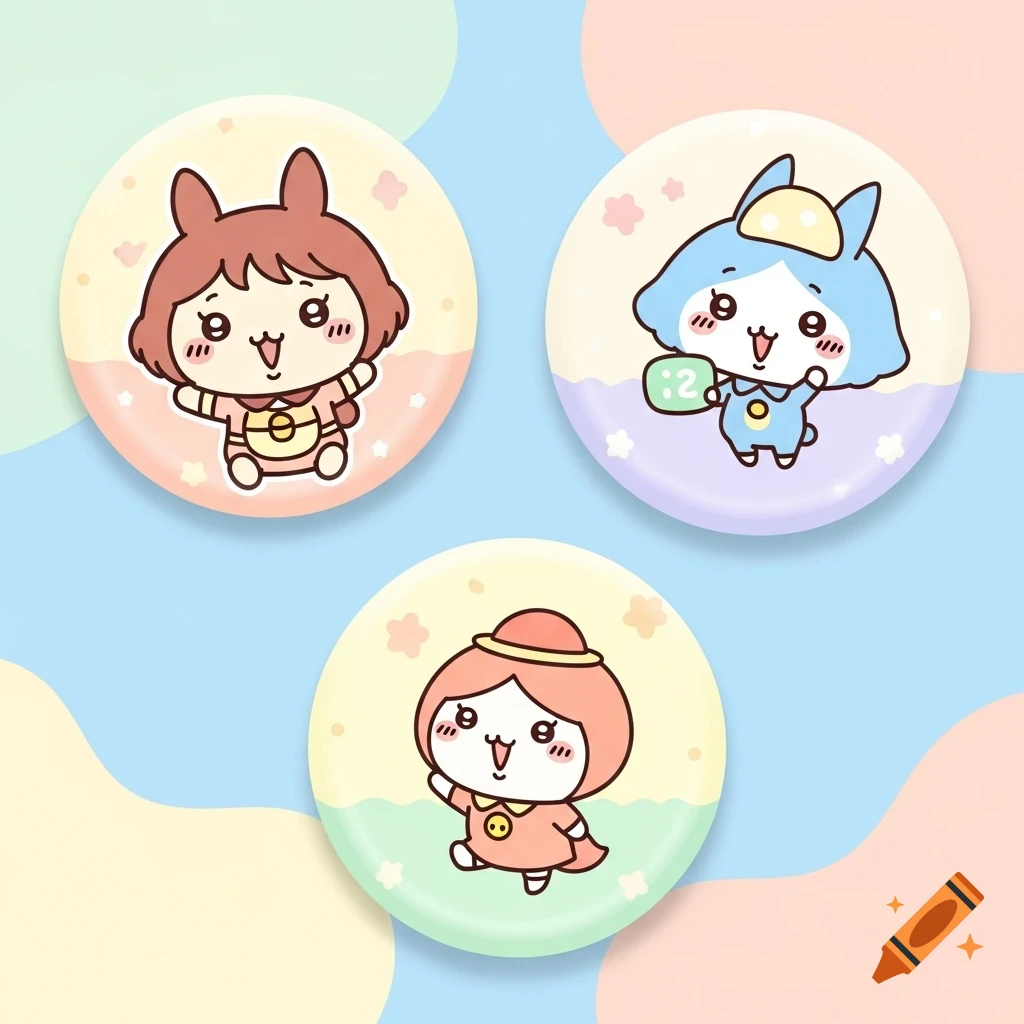 Three round badges featuring cute, chibi-style animated characters with pastel backgrounds, in a Japanese animation style.