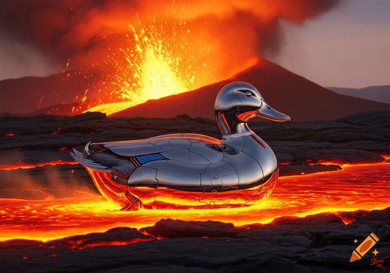 A metallic duck floats on glowing lava with a fiery volcano erupting in the background under a reddish sky.