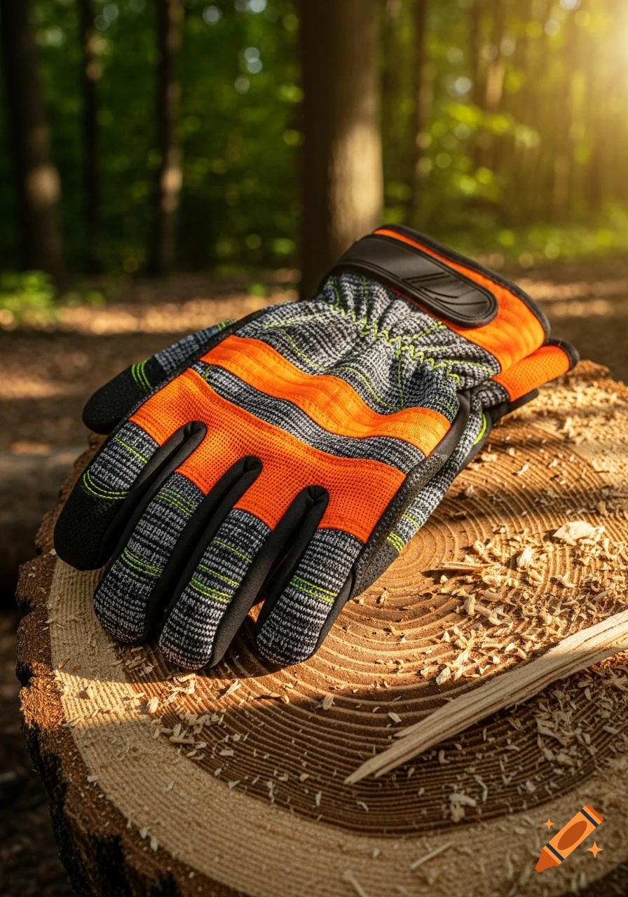 Photorealistic image of an orange and grey work glove with green accents resting on a cut tree stump in a sunlit forest.