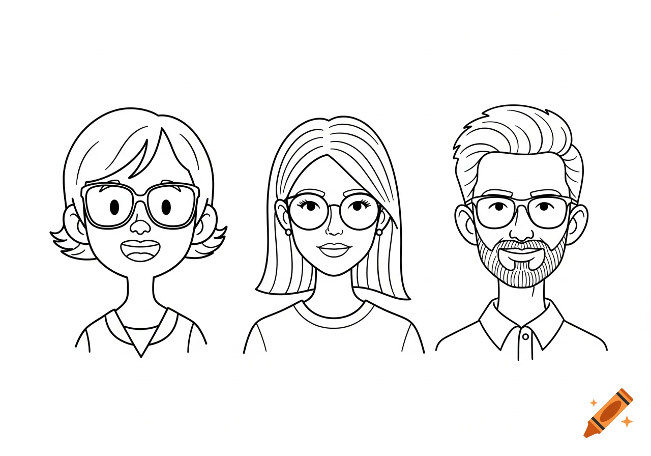 Three simple line art doodle portraits of people with glasses, featuring a woman with short hair, a woman with long hair, and a bearded man.