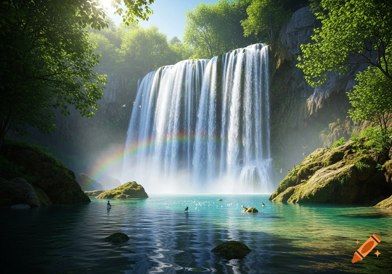 A majestic waterfall cascades into a turquoise pool, surrounded by lush green trees, under a sunny sky with a vibrant rainbow.
