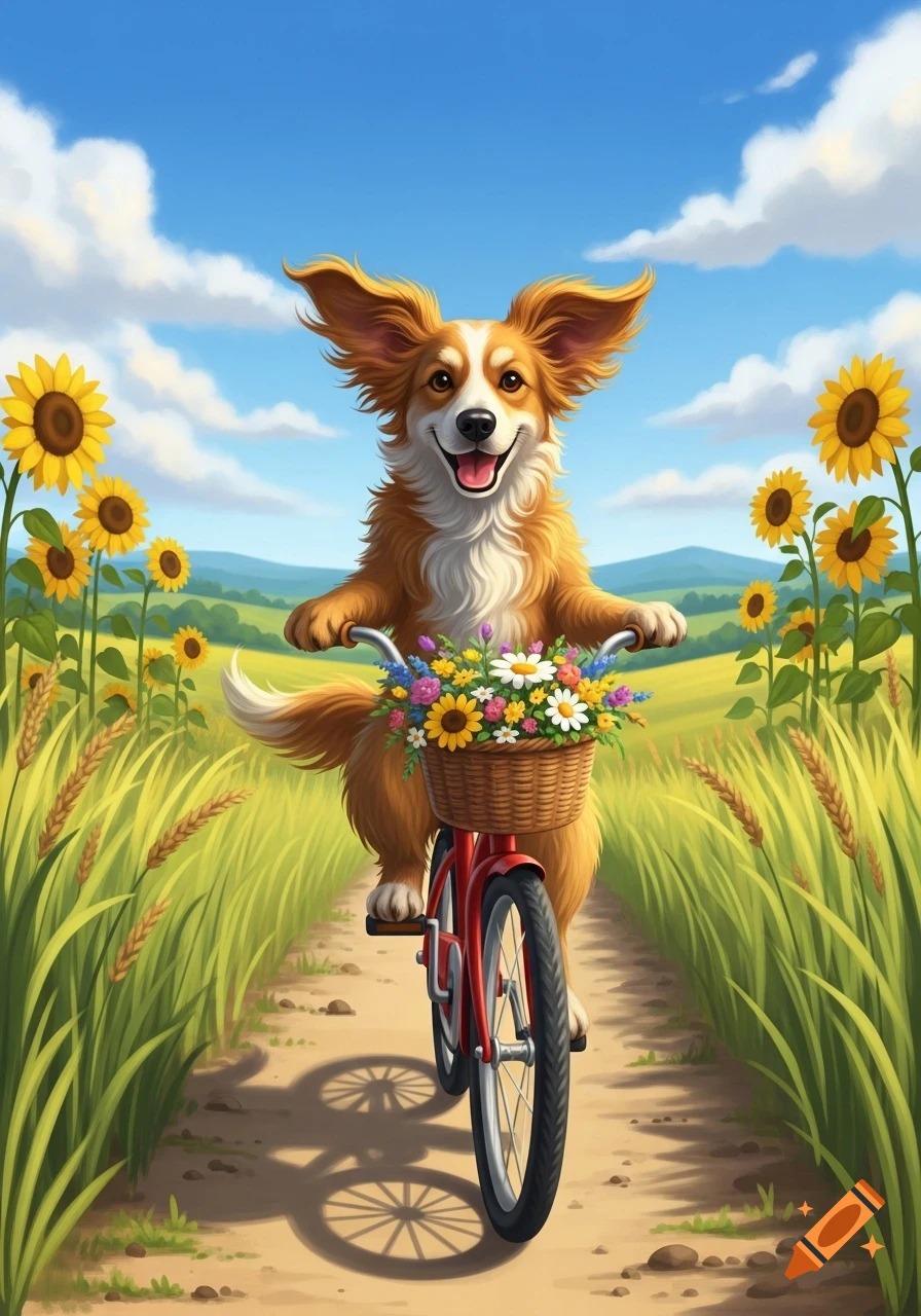 A happy brown and white dog rides a red bicycle with a flower basket through a sunny sunflower field in an illustration style.