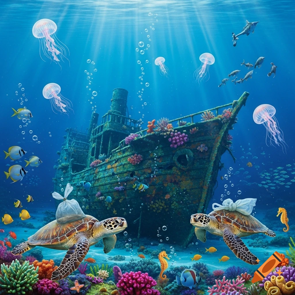 An underwater scene with a sunken ship, vibrant coral, jellyfish, fish ...