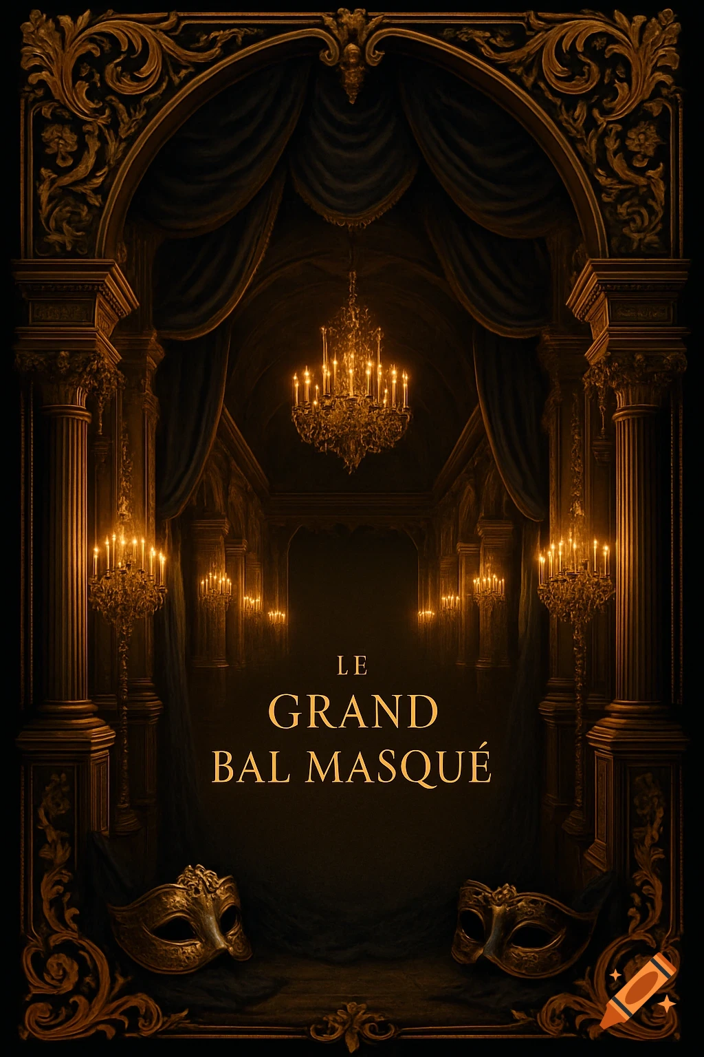 An ornate baroque hall with golden chandeliers, dark drapes, and two masquerade masks. Text reads "LE GRAND BAL MASQUÉ".