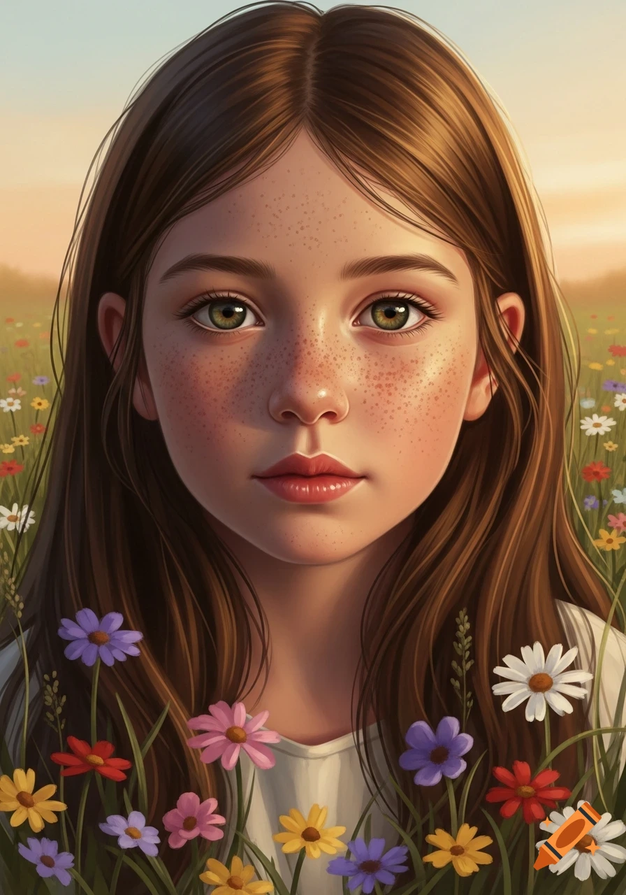 Close-up portrait of a young girl with long brown hair, freckles, and green eyes, surrounded by colorful wildflowers in a sunny field.