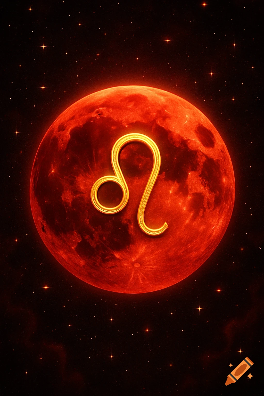 A glowing golden Leo zodiac symbol embossed on a dramatic deep red blood moon against a dark starry celestial night sky, digital illustration.