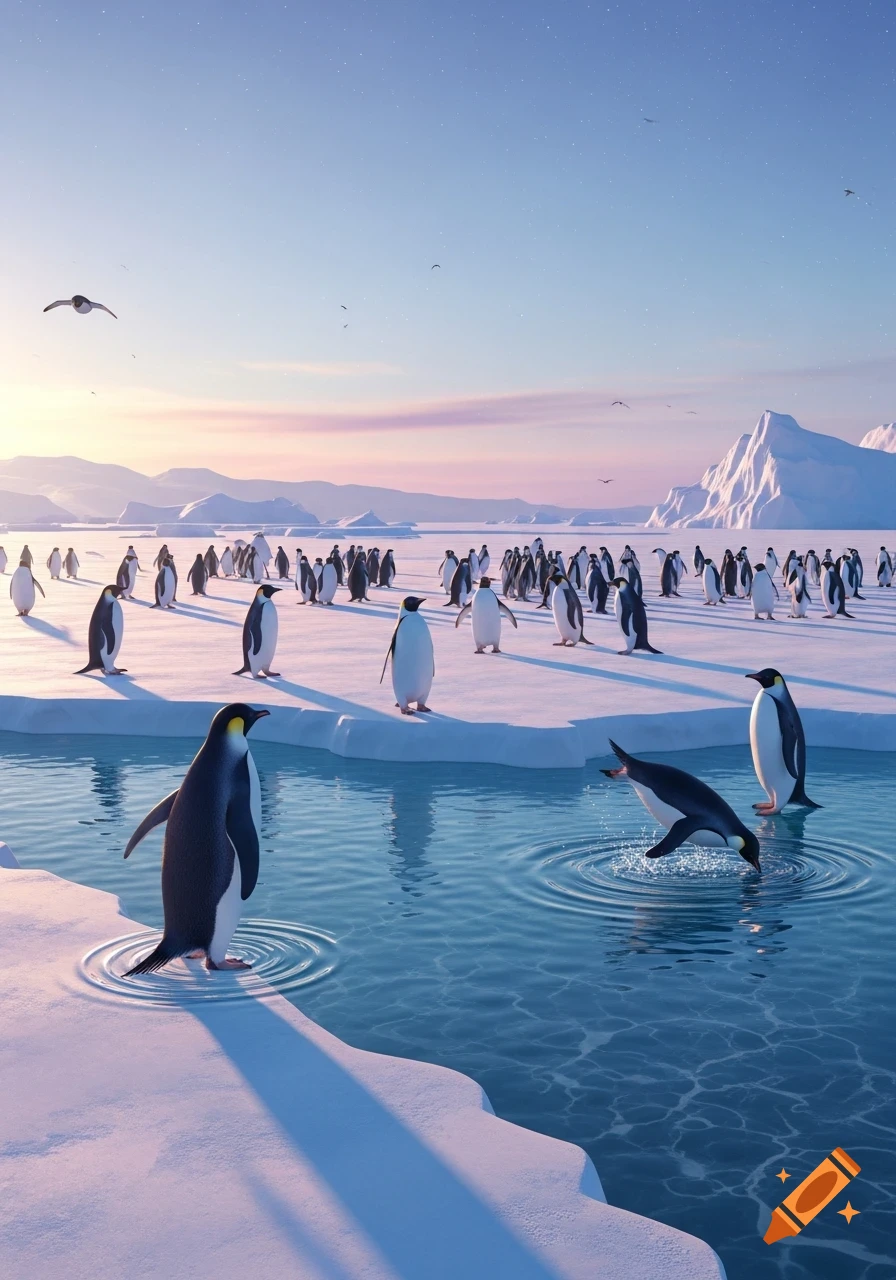 A colony of penguins on a vast snowy landscape at sunset, with some standing on ice and others diving into a clear blue pool.