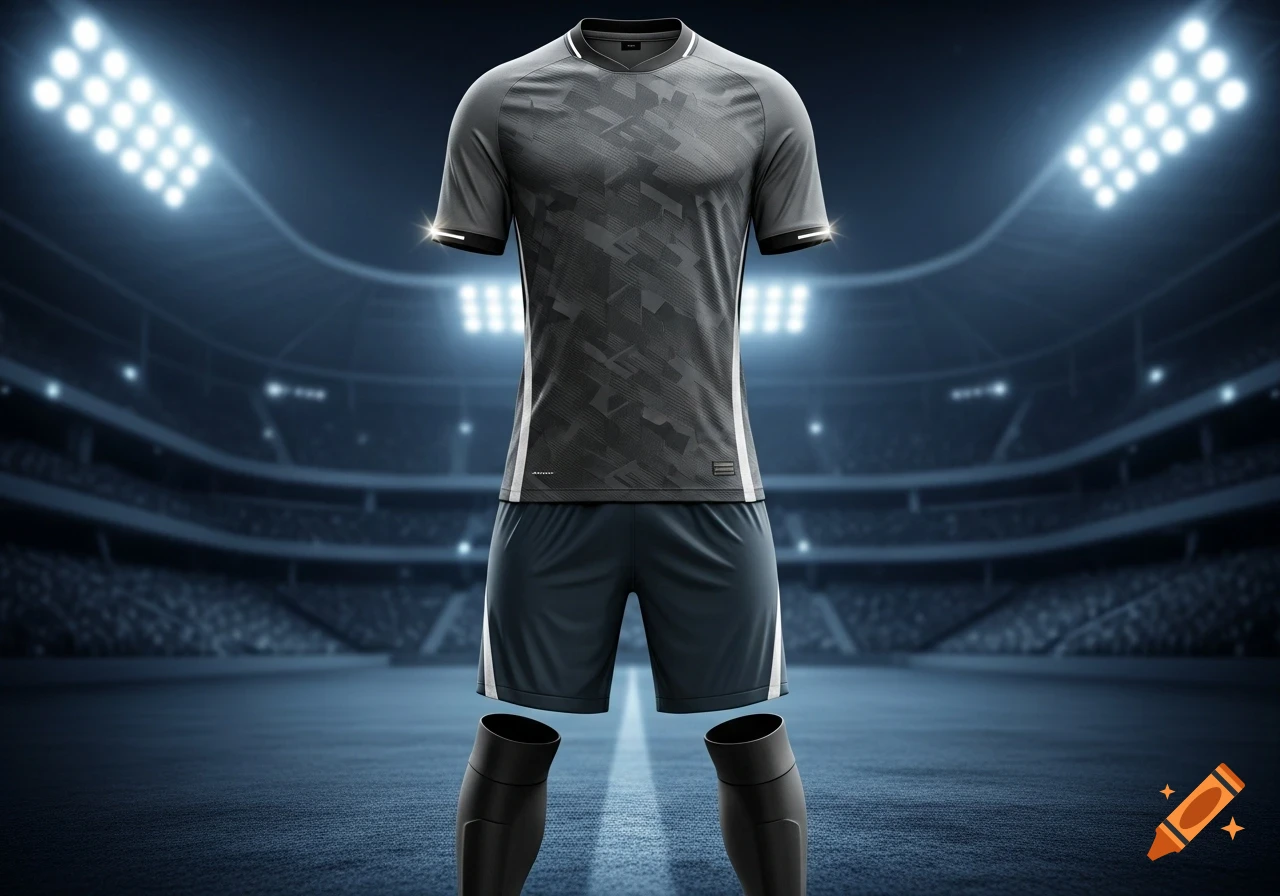 A dark grey football kit with white accents on a mannequin-like display in a floodlit stadium.