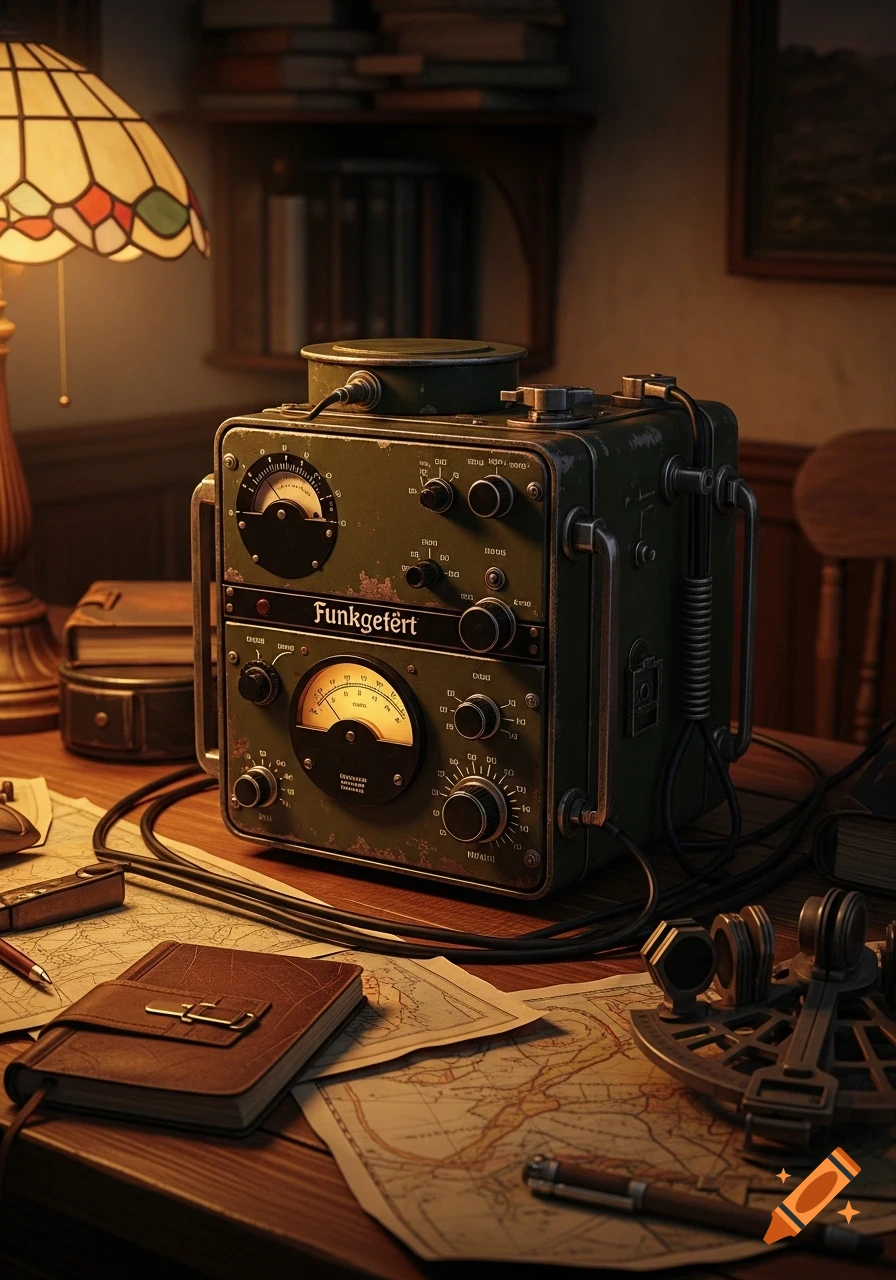 A detailed, photorealistic image of a vintage military-style radio device on a wooden desk, surrounded by maps, a notebook, and navigation tools, illuminated by a warm lamp.
