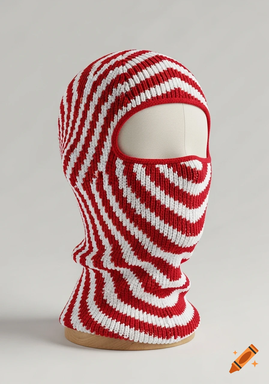 A red and white striped knitted balaclava on a beige mannequin head.